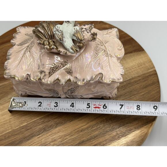 Vintage Ceramic Trinket Box Bird Lid Powder Pink Iridescent Glaze Lead Motif - Picture 11 of 13